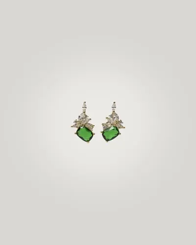 Pe-083-OA Pendientes de novia o invitada en oro amarillo y cristal verde esmeralda de alta calidad