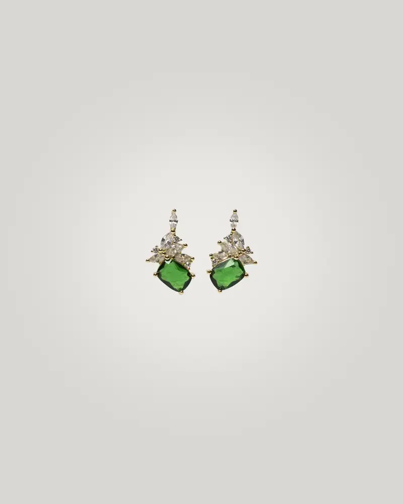 Pe-083-OA Pendientes de novia o invitada en oro amarillo y cristal verde esmeralda de alta calidad