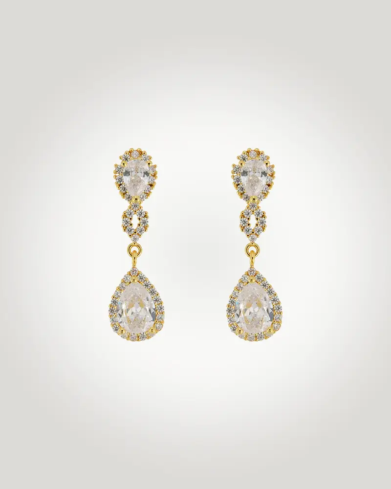 Pe-095-OA Pendientes de novia elegante estilo clasico en oro con circonitas de alta calidad