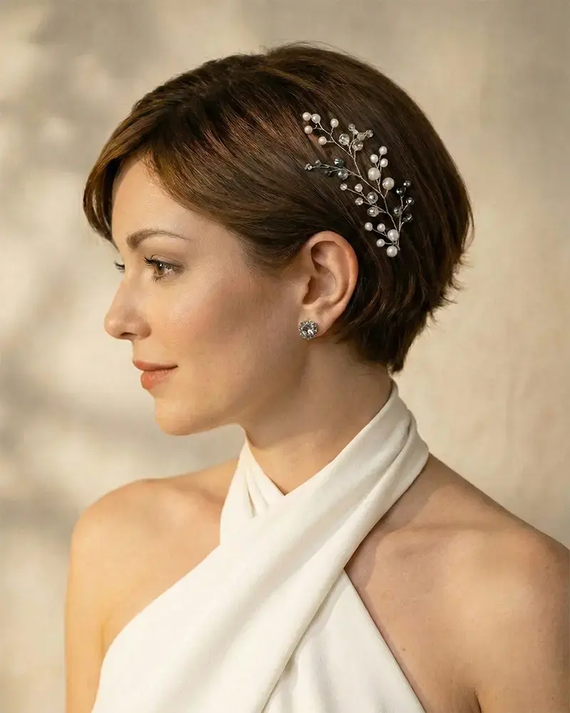 A1-015-PB Tocado novia boda perla plata cristal elegante clasico