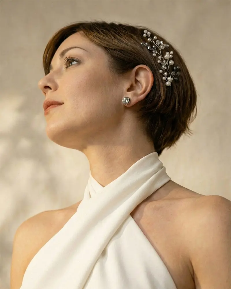 A1-015-PB Tocado novia boda perla plata cristal elegante clasico