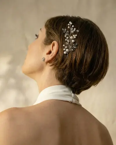 A1-015-PB Tocado novia boda perla plata cristal elegante clasico