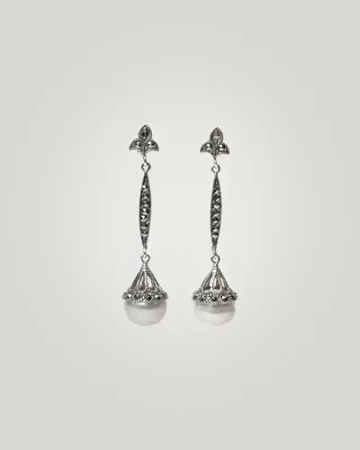 Pe-072-PV Pendientes largos de novia elegante con recogido con perla plata