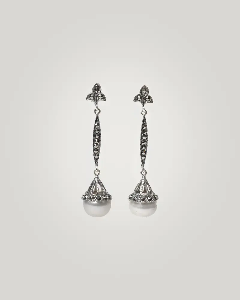 Pe-072-PV Pendientes largos de novia elegante con recogido con perla plata